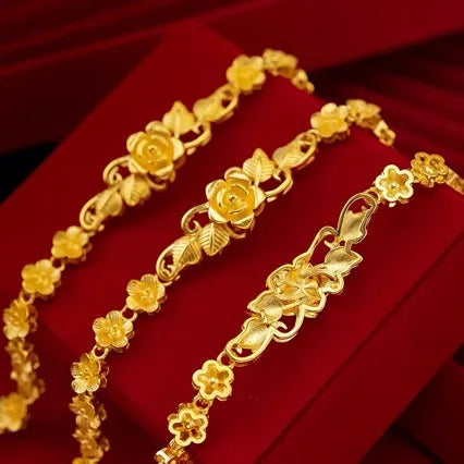 bracelet en or pour femme, 24K, or pur, chaîne de poignet véritable or avec des fleurs (rose)