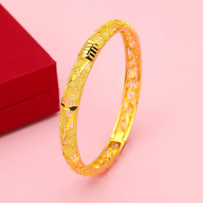 Bracelet trèfle à quatre feuilles évidé en or véritable pour femme, boucle large, or véritabl