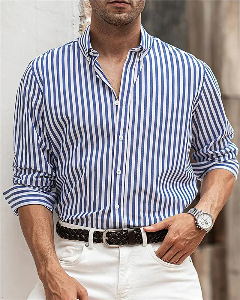 chemise boutonnée à manches longues pour homme, chemise d'été, rayée, chemise de villégiatu