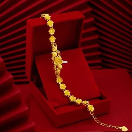 bracelet en or pour femme, 24K, or pur, chaîne de poignet véritable or avec des fleurs (rose)