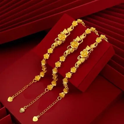 bracelet en or pour femme, 24K, or pur, chaîne de poignet véritable or avec des fleurs (rose)