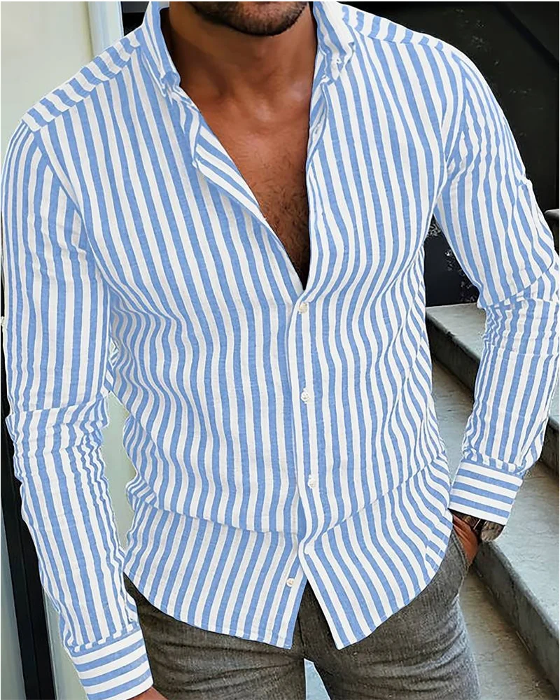 chemise boutonnée à manches longues pour homme, chemise d'été, rayée, chemise de villégiatu