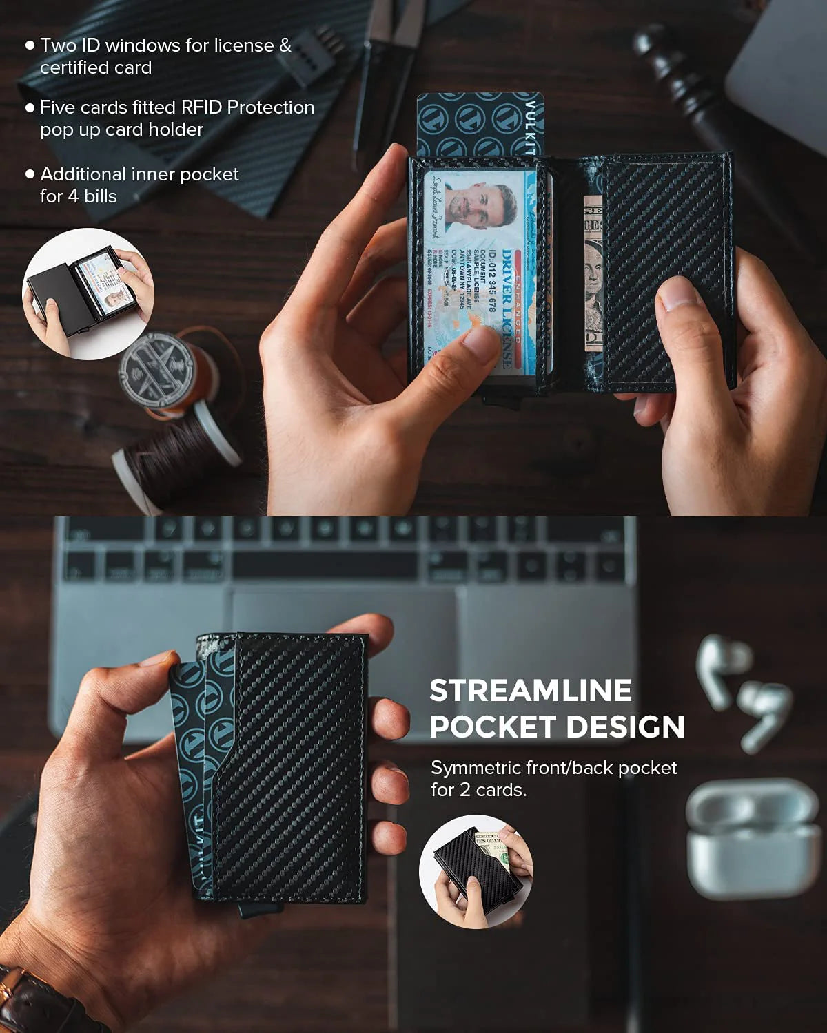 Porte-cartes de crédit en cuir avec double fenêtre d'identification,