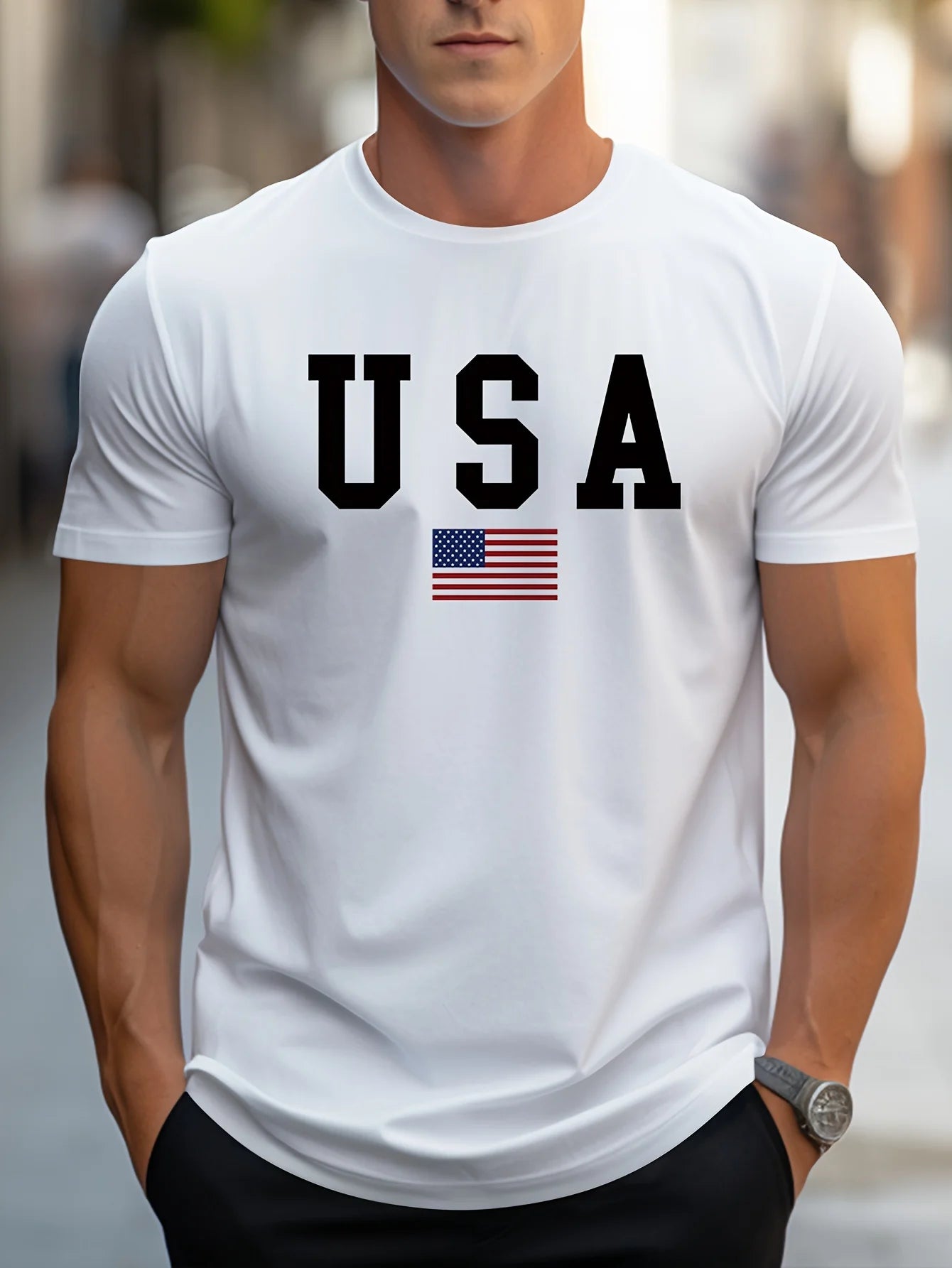 T-shirt à manches courtes et col rond pour homme, décontracté, coupe ample, imprimé USA, pur coton,