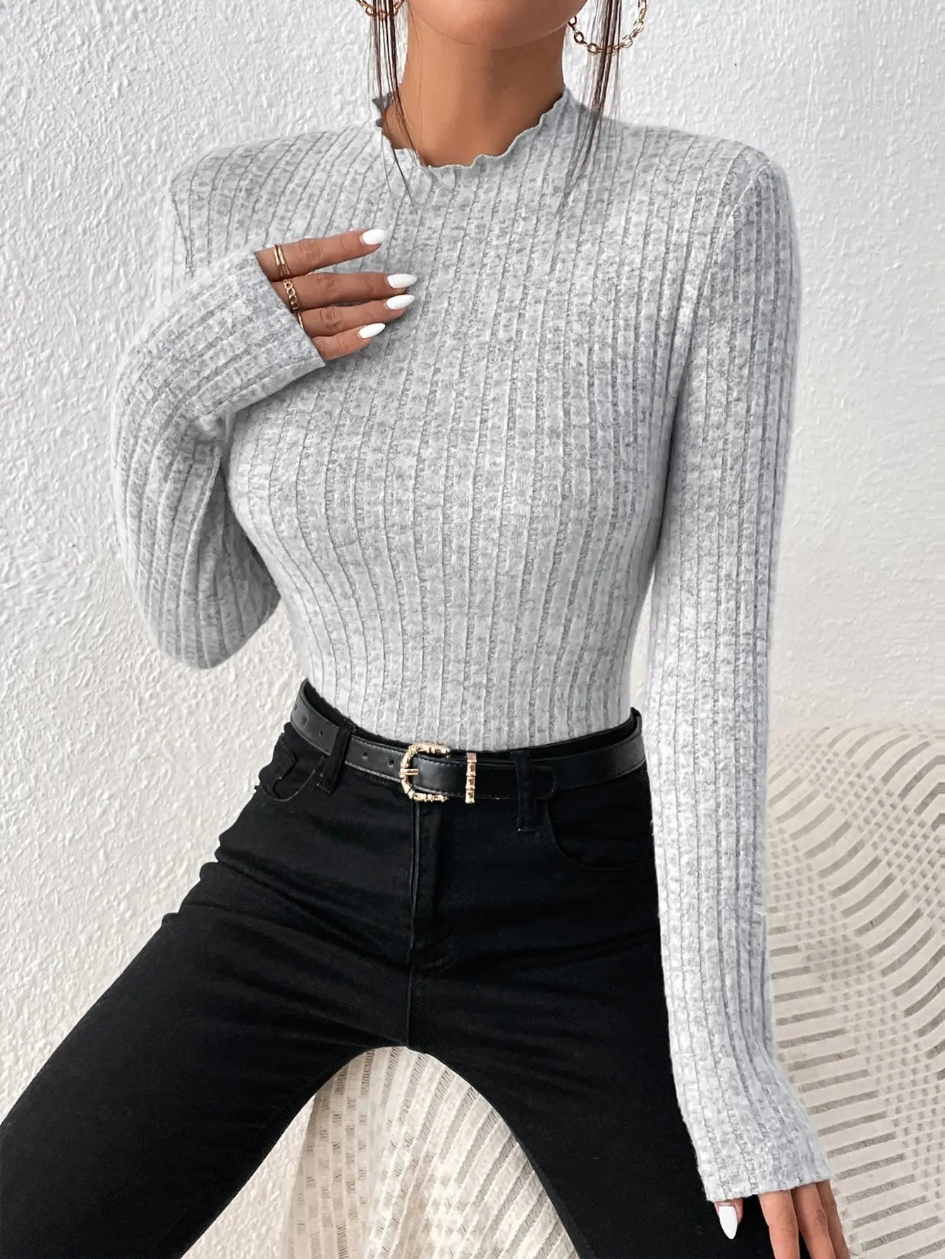 pull décontracté d'automne et d'hiver,  rayé, à mi-col en dentelle pour femme,