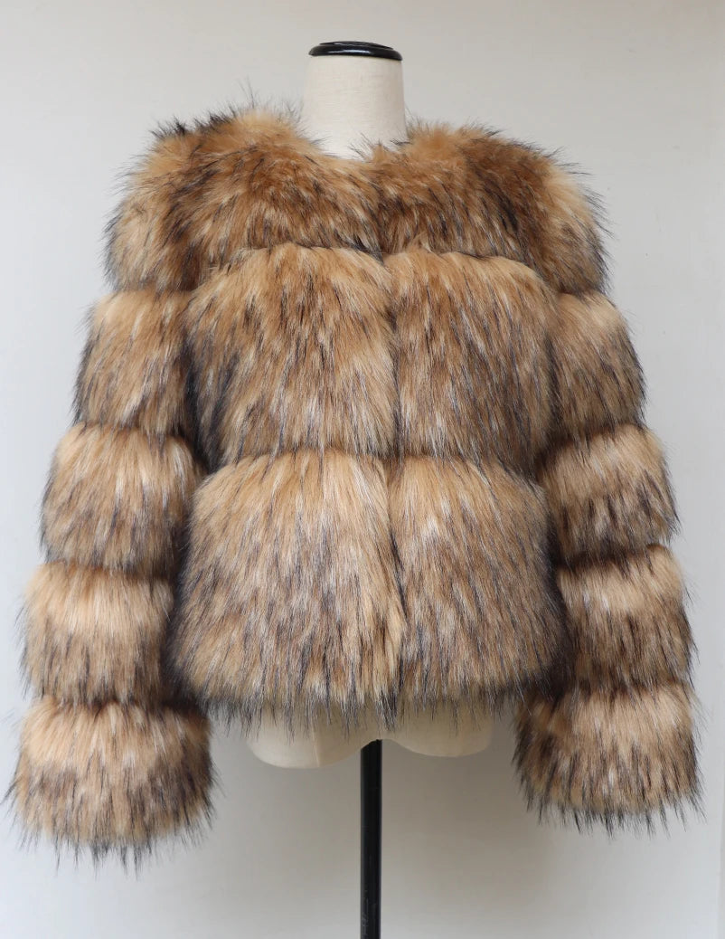 veste en fausse fourrure de raton laveur pour femme