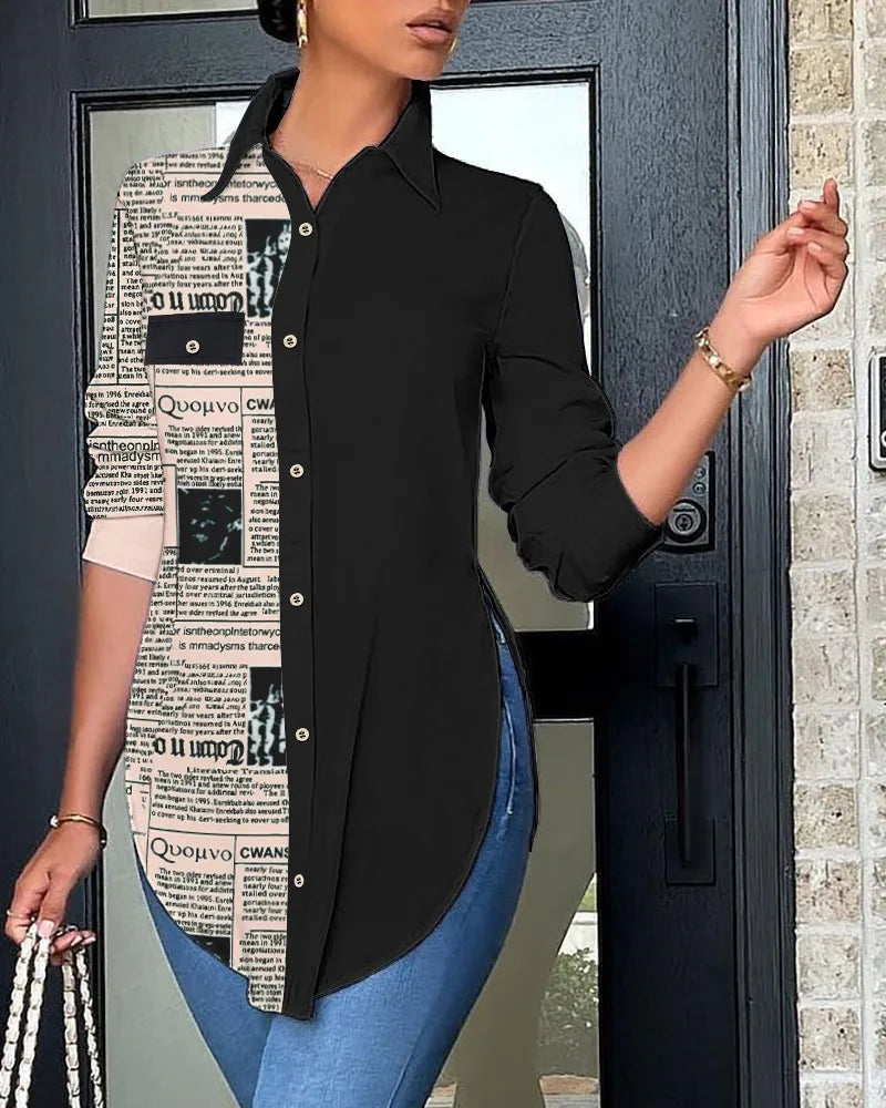 Haut décontracté à manches longues pour femme, chemise à col, dos imprimé, élégante et à la mode, bureau, printemps, automne