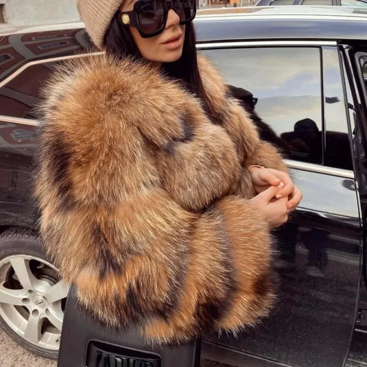 veste en fausse fourrure de renard naturelle pour femme