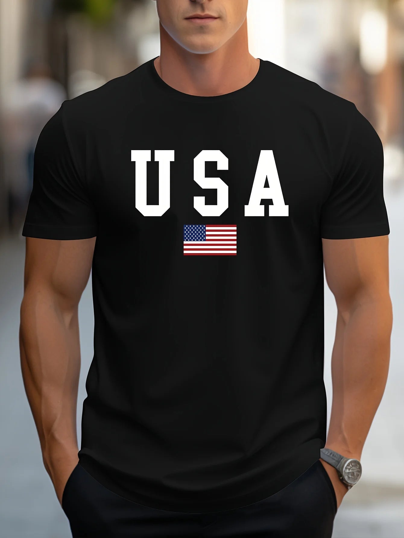 T-shirt à manches courtes et col rond pour homme, décontracté, coupe ample, imprimé USA, pur coton,