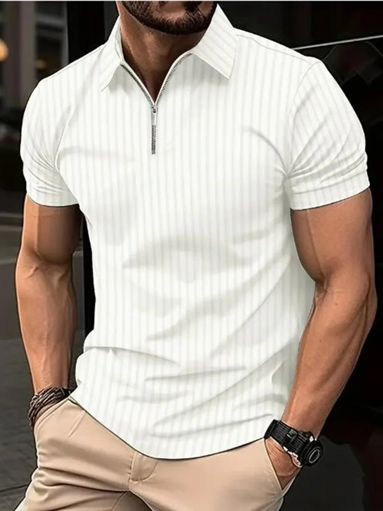 Polo léger à manches courtes pour homme, demi-fermeture éclair, monochromatique, élastique,