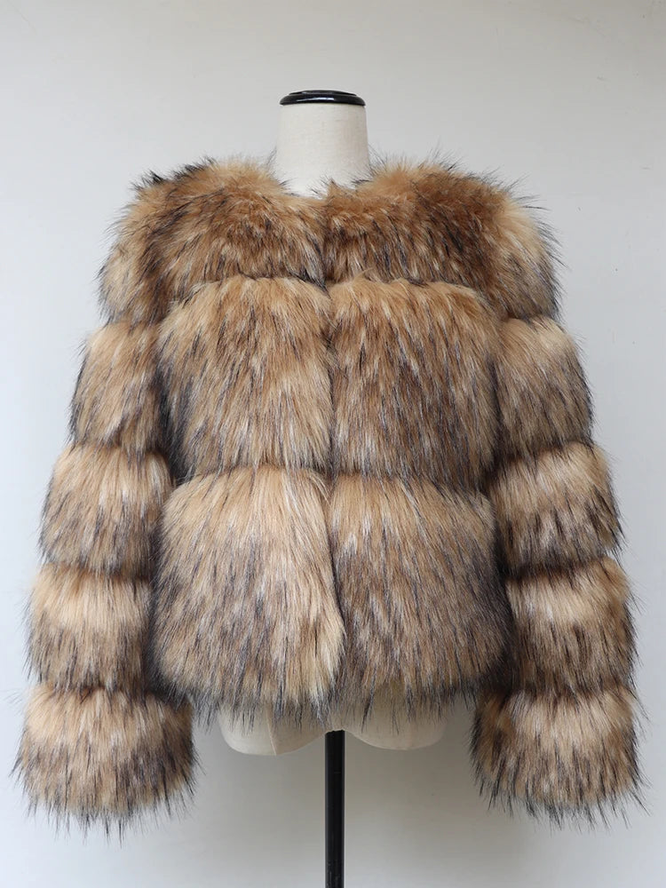 veste en fausse fourrure de raton laveur pour femme