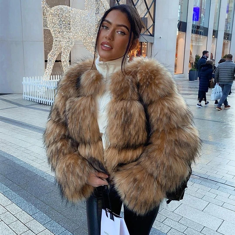 veste en fausse fourrure de raton laveur pour femme