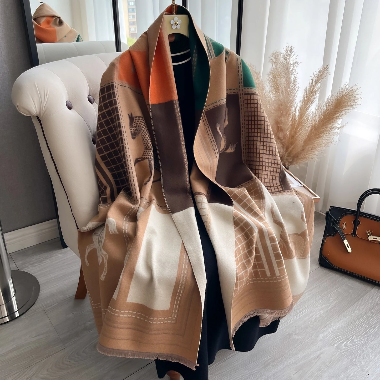 AF-Écharpe en cachemire,  de luxe, pour femme, imprimé cheval, chaude couverture pashmina, poncho, fo