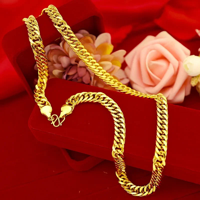 collier plat en or véritable 24 carats pour homme et femme, collier de luxe simple et généreux