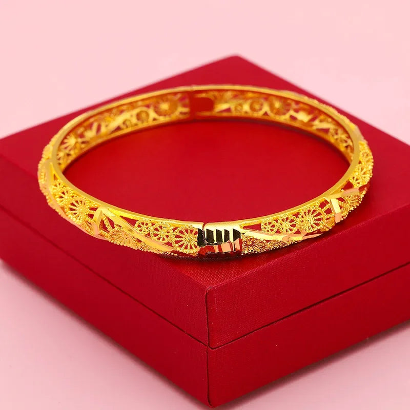 Bracelet trèfle à quatre feuilles évidé en or véritable pour femme, boucle large, or véritabl