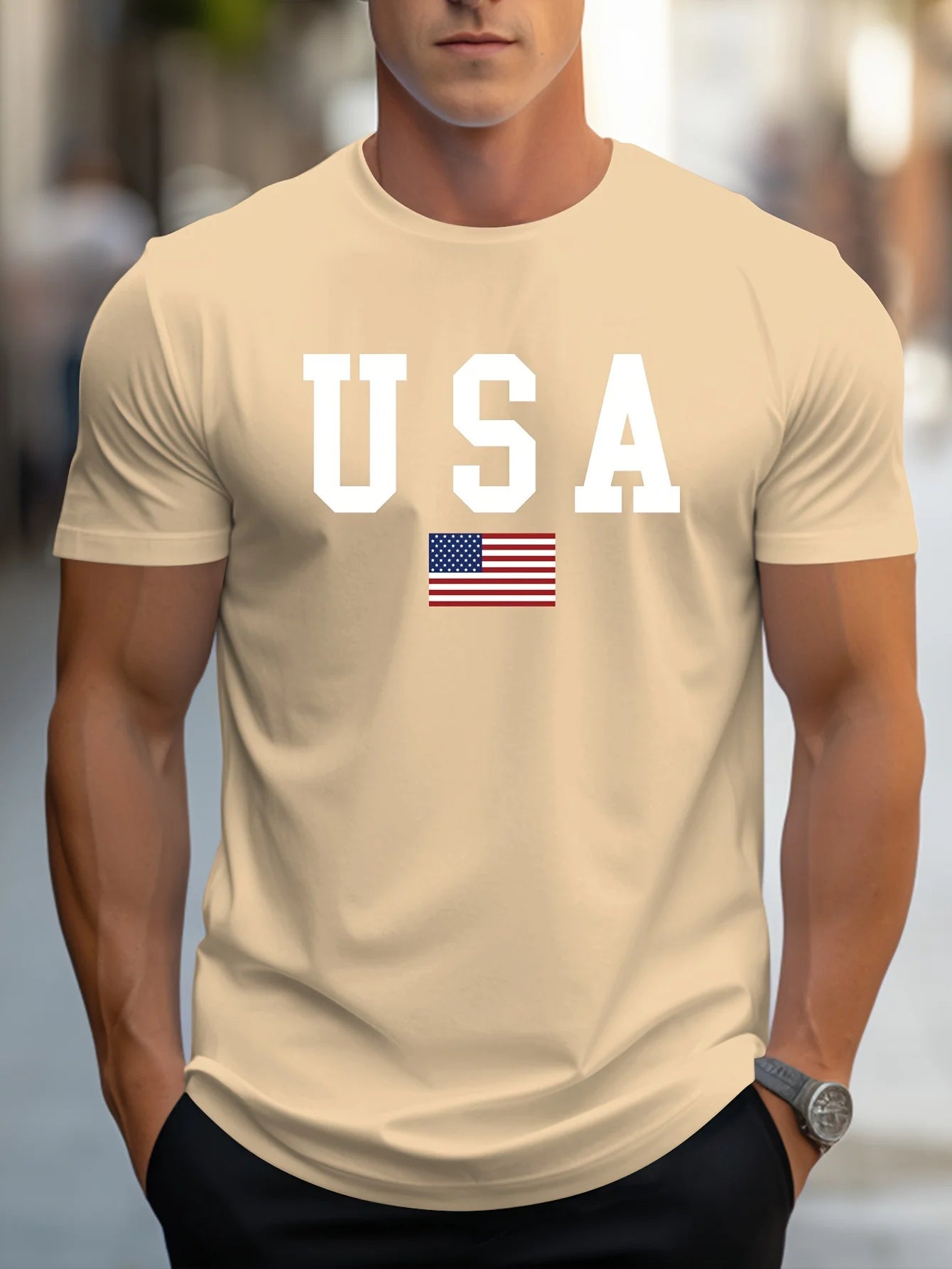 T-shirt à manches courtes et col rond pour homme, décontracté, coupe ample, imprimé USA, pur coton,
