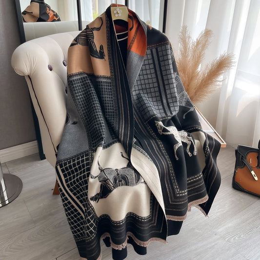 AF-Écharpe en cachemire,  de luxe, pour femme, imprimé cheval, chaude couverture pashmina, poncho, fo