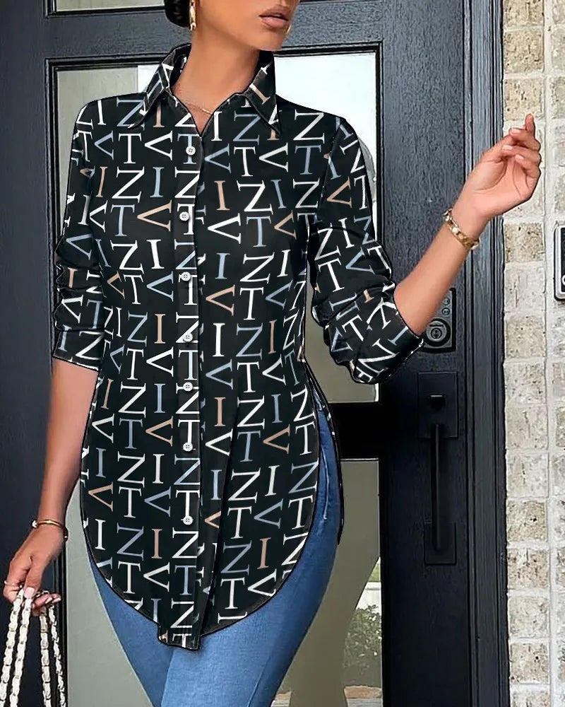 Haut décontracté à manches longues pour femme, chemise à col, dos imprimé, élégante et à la mode, bureau, printemps, automne