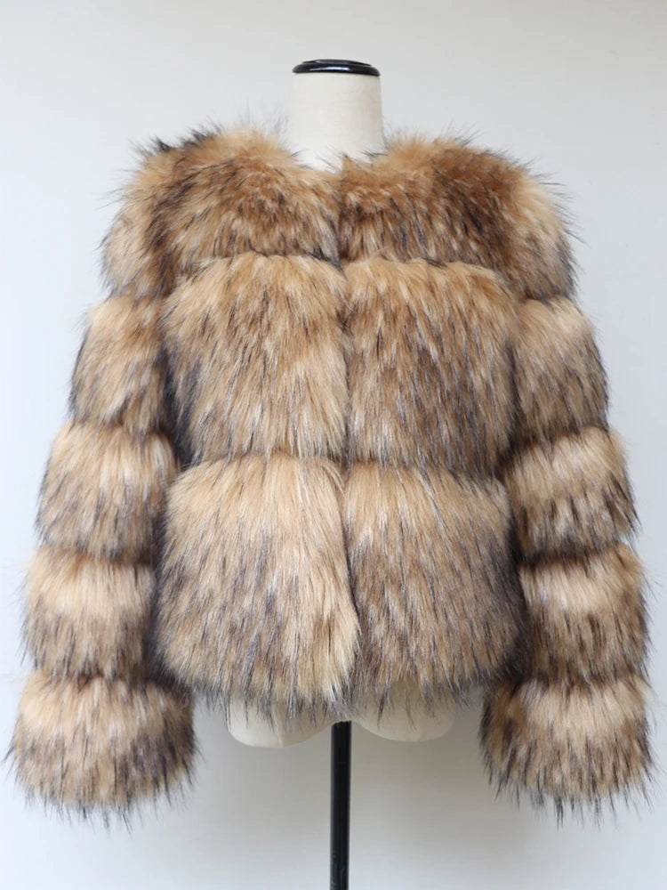 veste en fausse fourrure de raton laveur pour femme