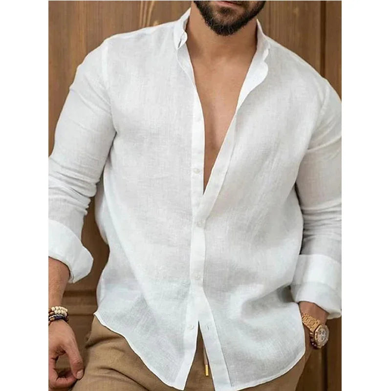 Chemise à manches longues en coton et lin pour homme