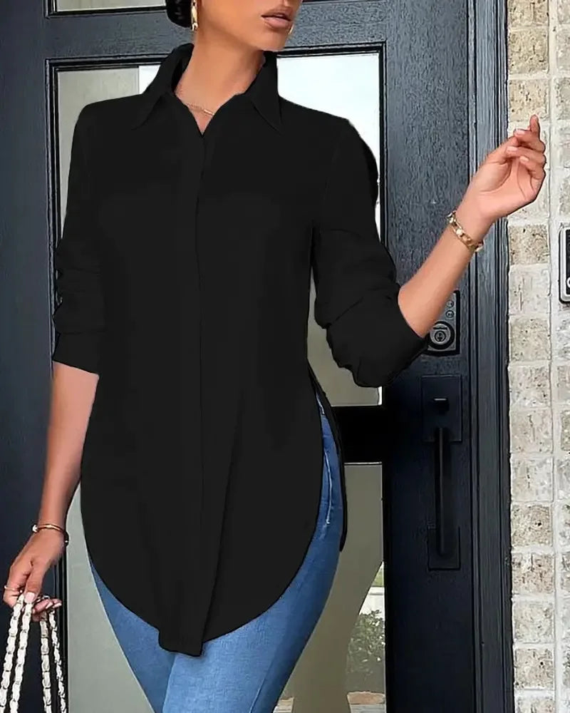 Haut décontracté à manches longues pour femme, chemise à col, dos imprimé, élégante et à la mode, bureau, printemps, automne