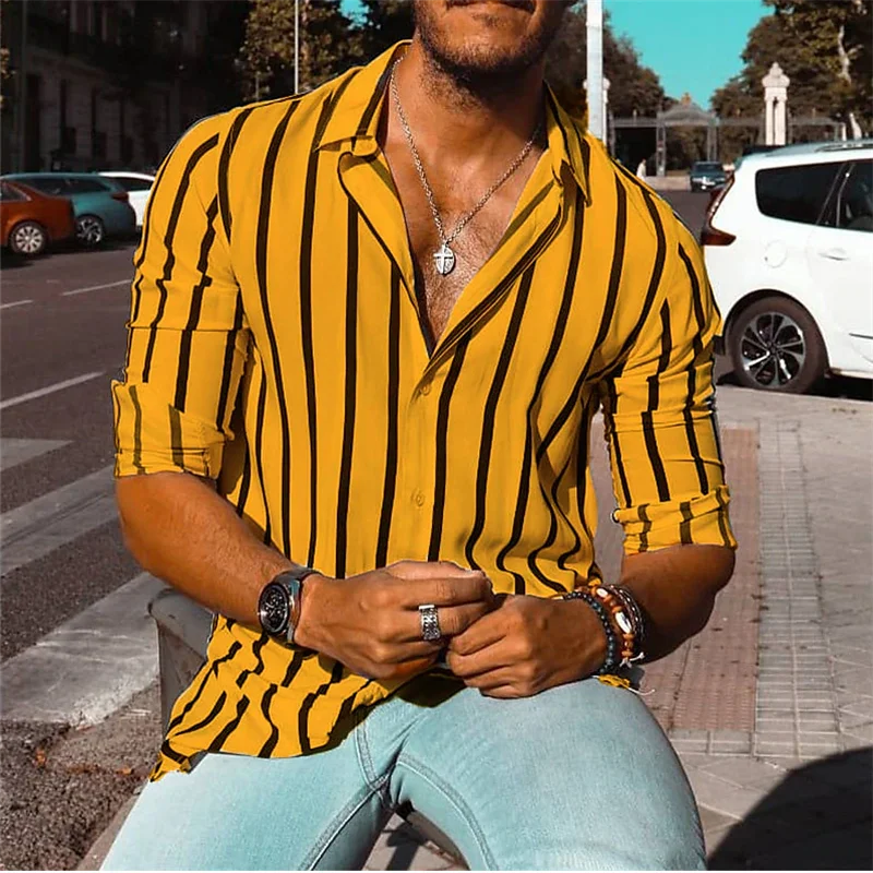 chemise boutonnée à manches longues pour homme, chemise d'été, rayée, chemise de villégiatu