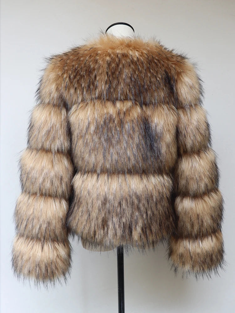veste en fausse fourrure de raton laveur pour femme