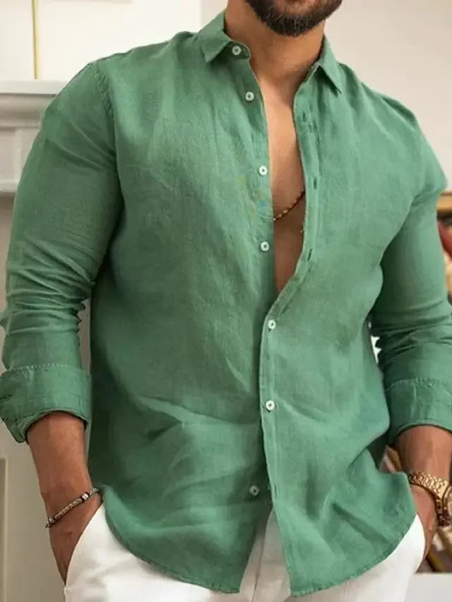 Chemise à manches longues en coton et lin pour homme