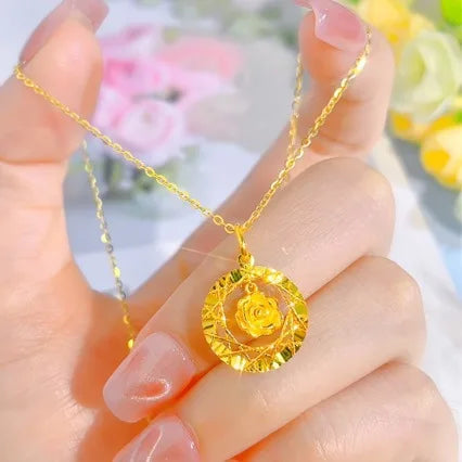 Collier jaune 24 carats pour femme, pendentif fleur clignotante, bijoux en or véritable