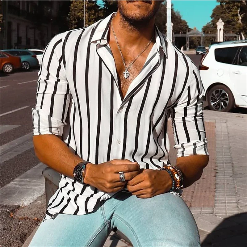 chemise boutonnée à manches longues pour homme, chemise d'été, rayée, chemise de villégiatu