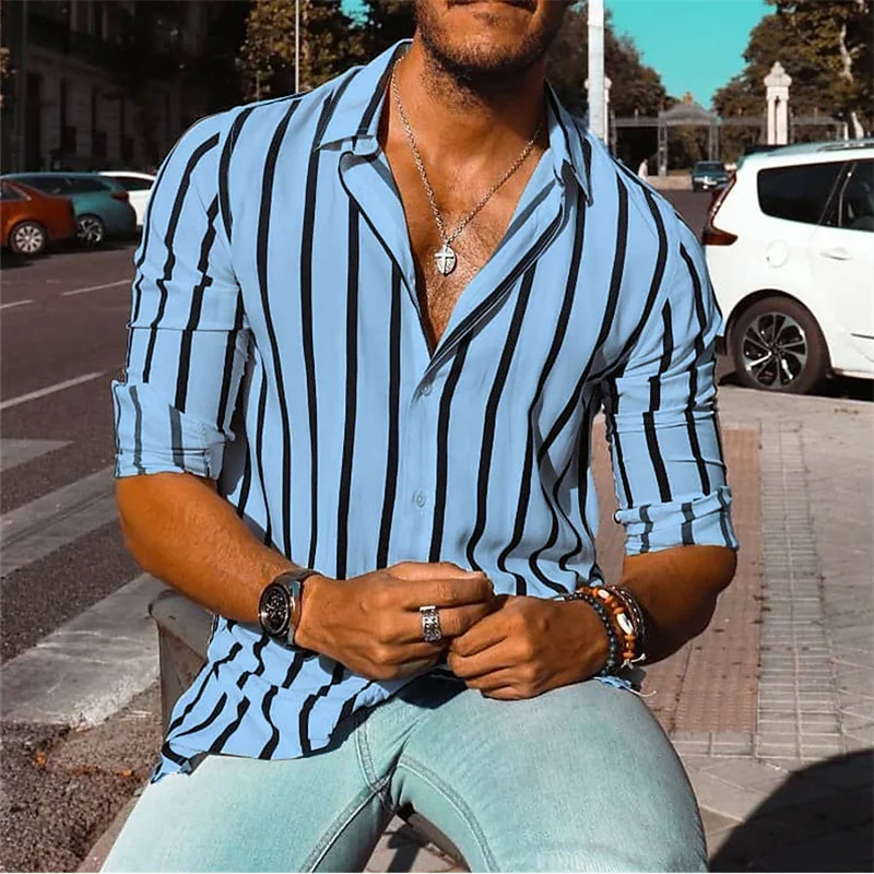 chemise boutonnée à manches longues pour homme, chemise d'été, rayée, chemise de villégiatu