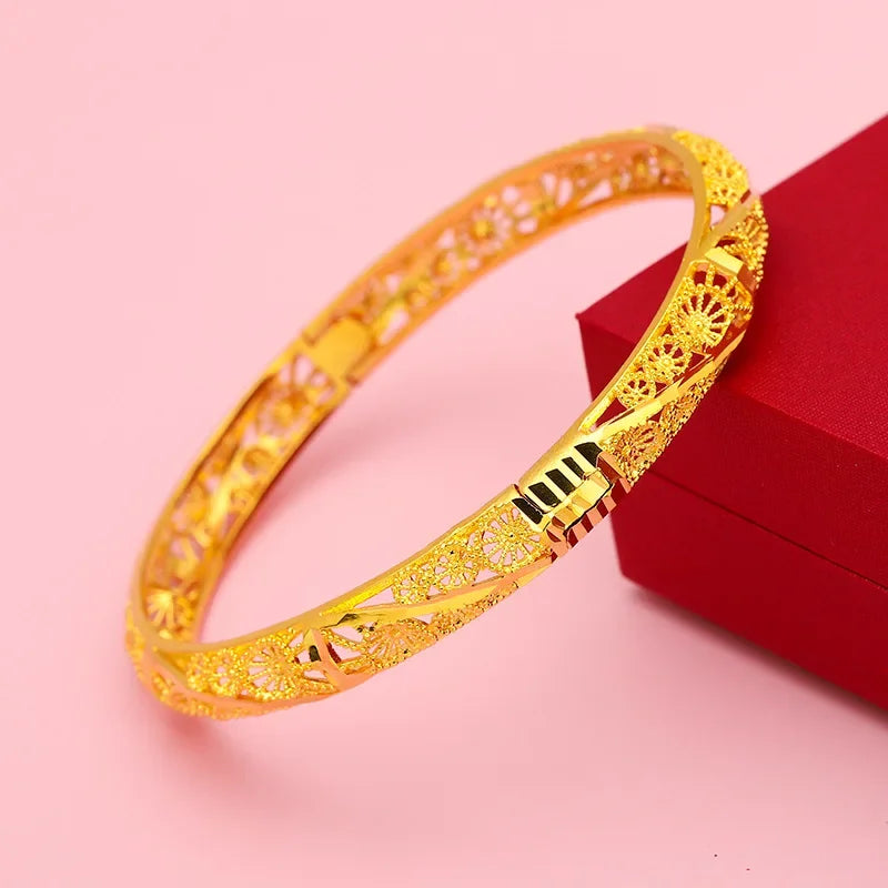 Bracelet trèfle à quatre feuilles évidé en or véritable pour femme, boucle large, or véritabl