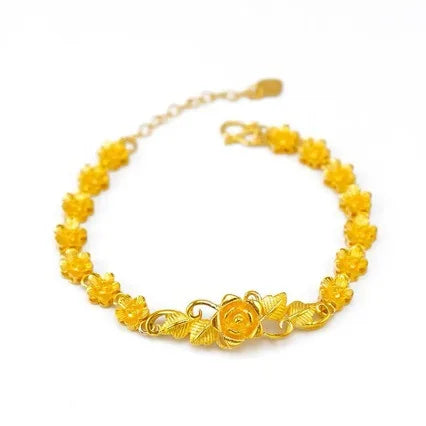 bracelet en or pour femme, 24K, or pur, chaîne de poignet véritable or avec des fleurs (rose)