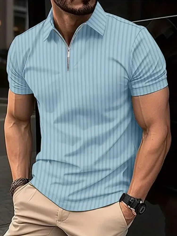 Polo léger à manches courtes pour homme, demi-fermeture éclair, monochromatique, élastique,