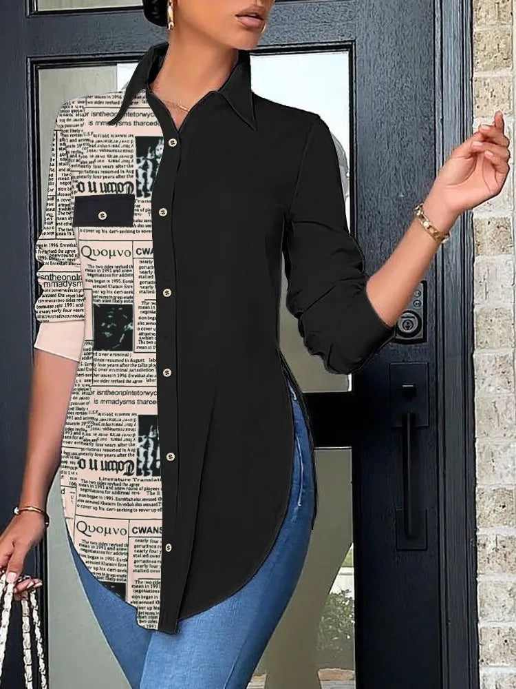 Haut décontracté à manches longues pour femme, chemise à col, dos imprimé, élégante et à la mode, bureau, printemps, automne