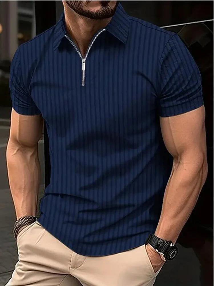 Polo léger à manches courtes pour homme, demi-fermeture éclair, monochromatique, élastique,