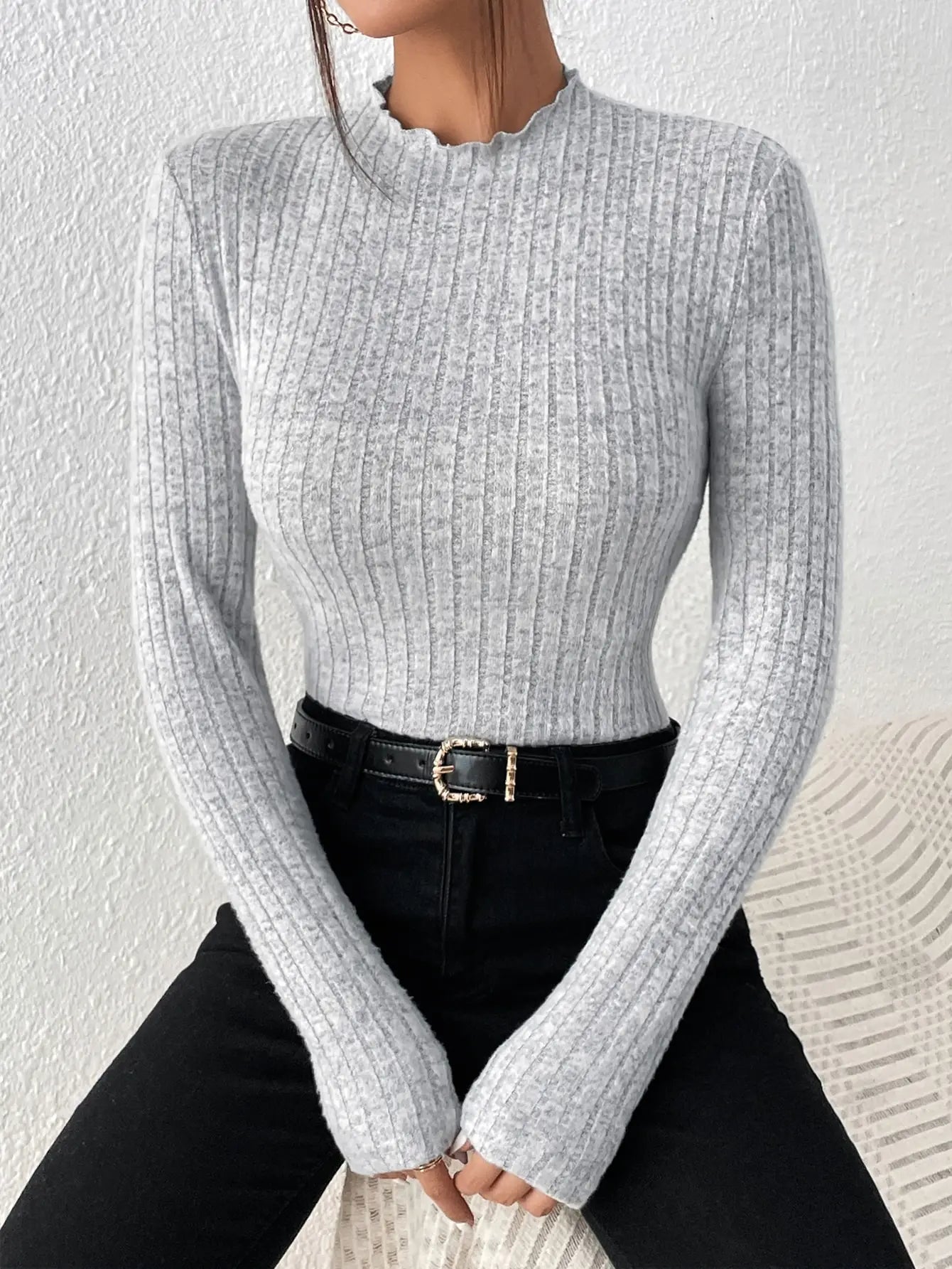 pull décontracté d'automne et d'hiver,  rayé, à mi-col en dentelle pour femme,
