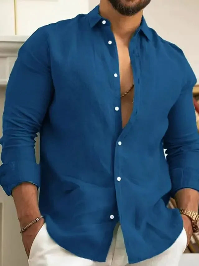 Chemise à manches longues en coton et lin pour homme